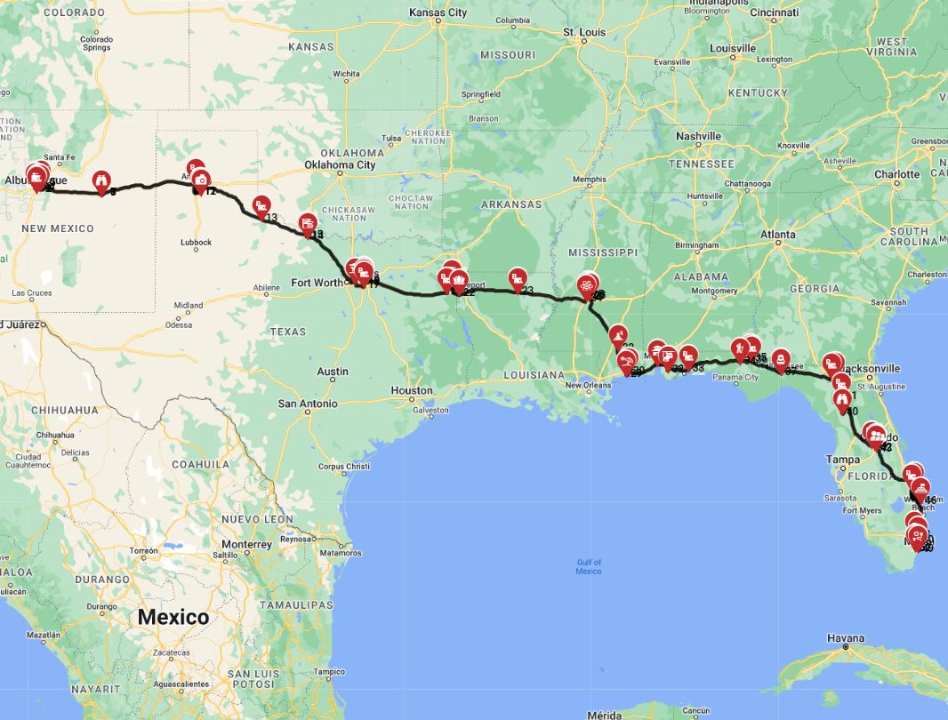 RV trip planner route from Albuquerque to Miami